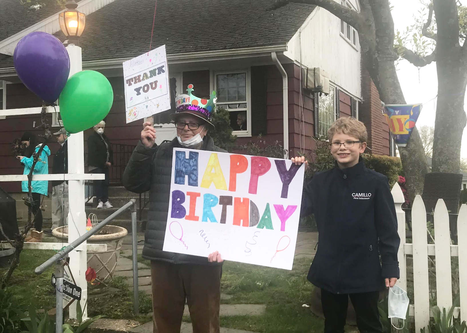 Sharing a birthday were John Macri Sr and his neighbor Paul Cappiali. May 6, 2020 Photo: Leslie Yager