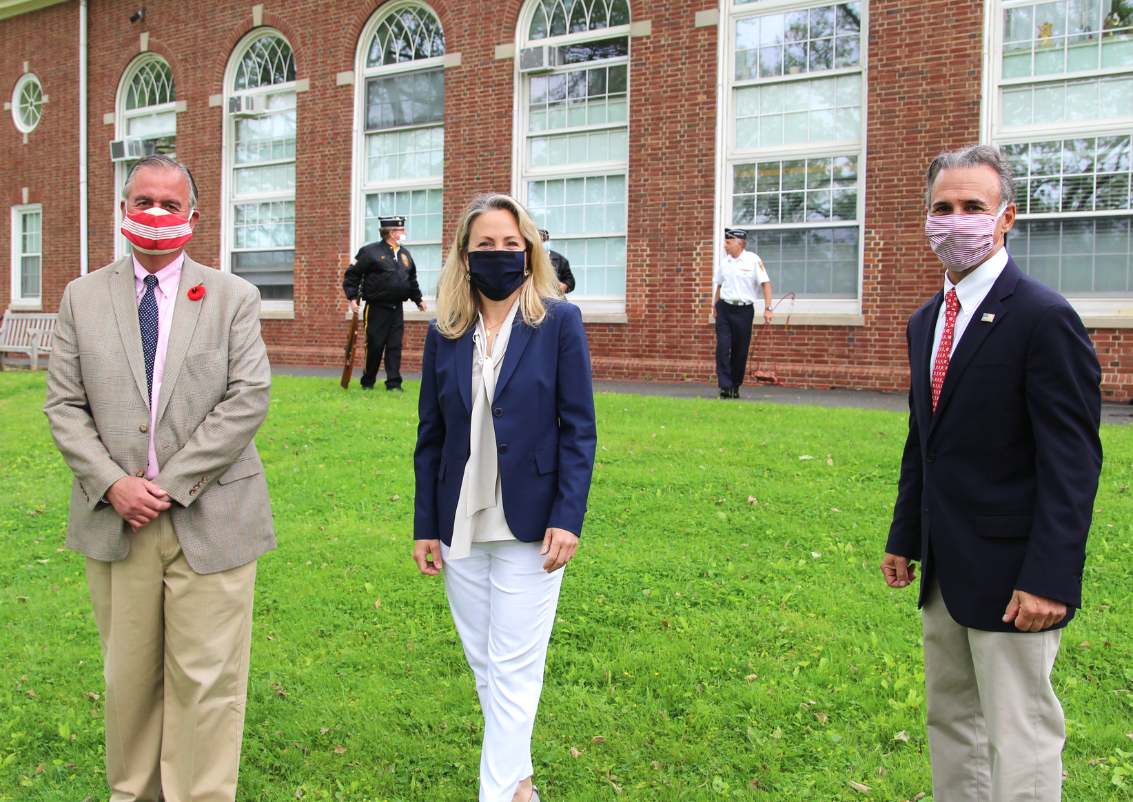 State Rep Steve Meskers (D-151), State Senator Alex Kasser (formerly Alex Bergstein) (D-36) at the Memorial Day ceremony at the former Byram School. May 25, 2020 Photo: Leslie Yager