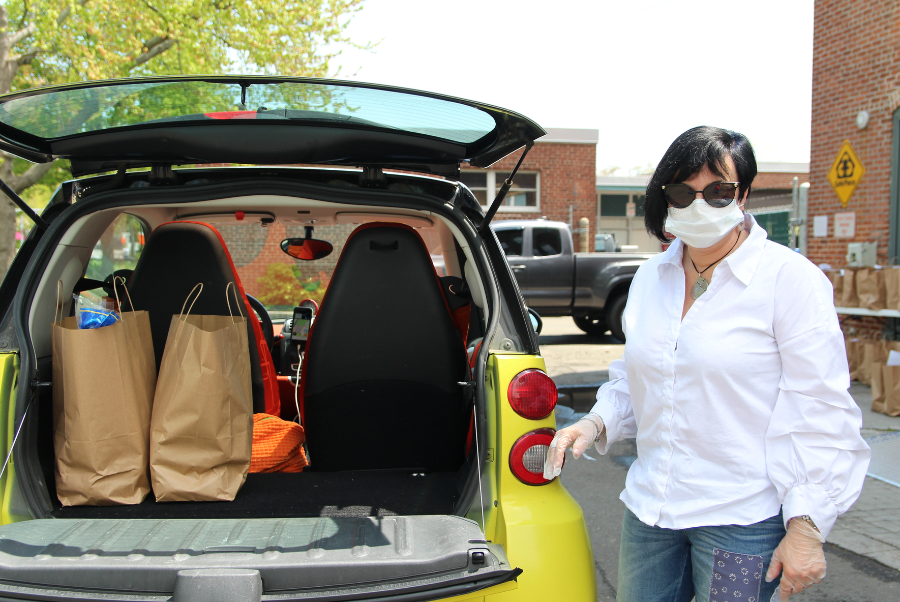 Olga Milstein ready to deliver bags of groceries to homebound seniors. May 15, 2020 Photo: Leslie Yager