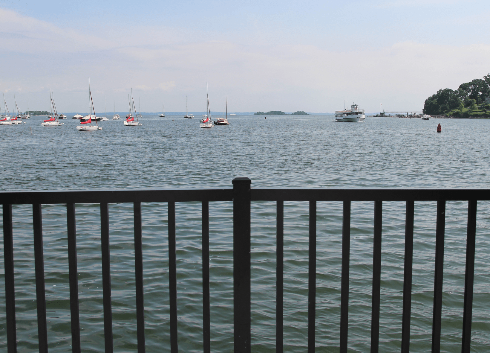 View of the town ferry boat entering Greenwich Harbor from the railing along the Steamboat Road Pier. July 8, 2019 Photo: Leslie Yager